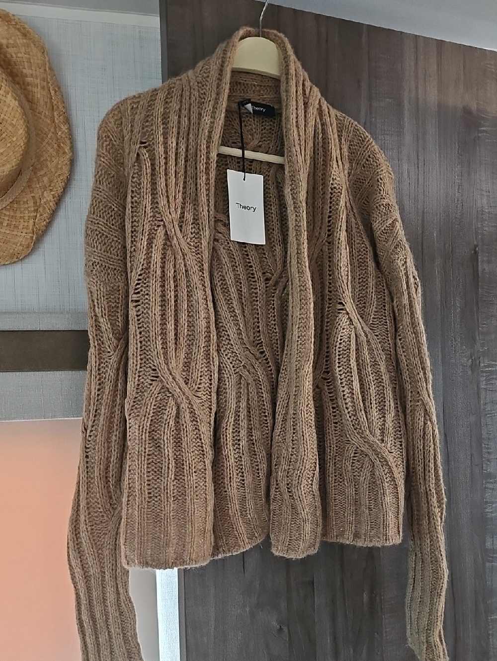 Theory Camel Cable-Knit Open Cardigan